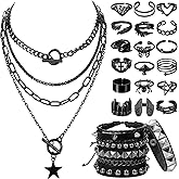 Liliaafar 20 Pcs Black Gothic Vintage Rings Necklace Bracelet Set, Punk Grunge Emo Jewelry Ring Choker Necklace for Men Women