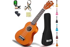 iECO Soprano Ukulele Beginner Kit for Kids Adults 21 Inch Ukelele w/Case Strap Tuner Strings Picks (Honey)