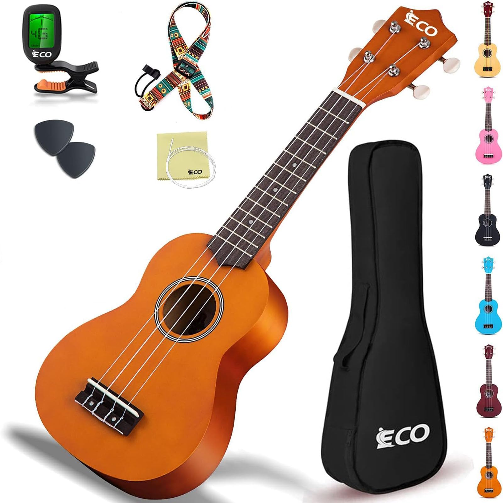 iECO Soprano Ukulele Beginner Kit - 21 Inch Ukulele for Kids Adults with Gig Bag, Picks, Tuner, Strap, Extra Strings (Honey)