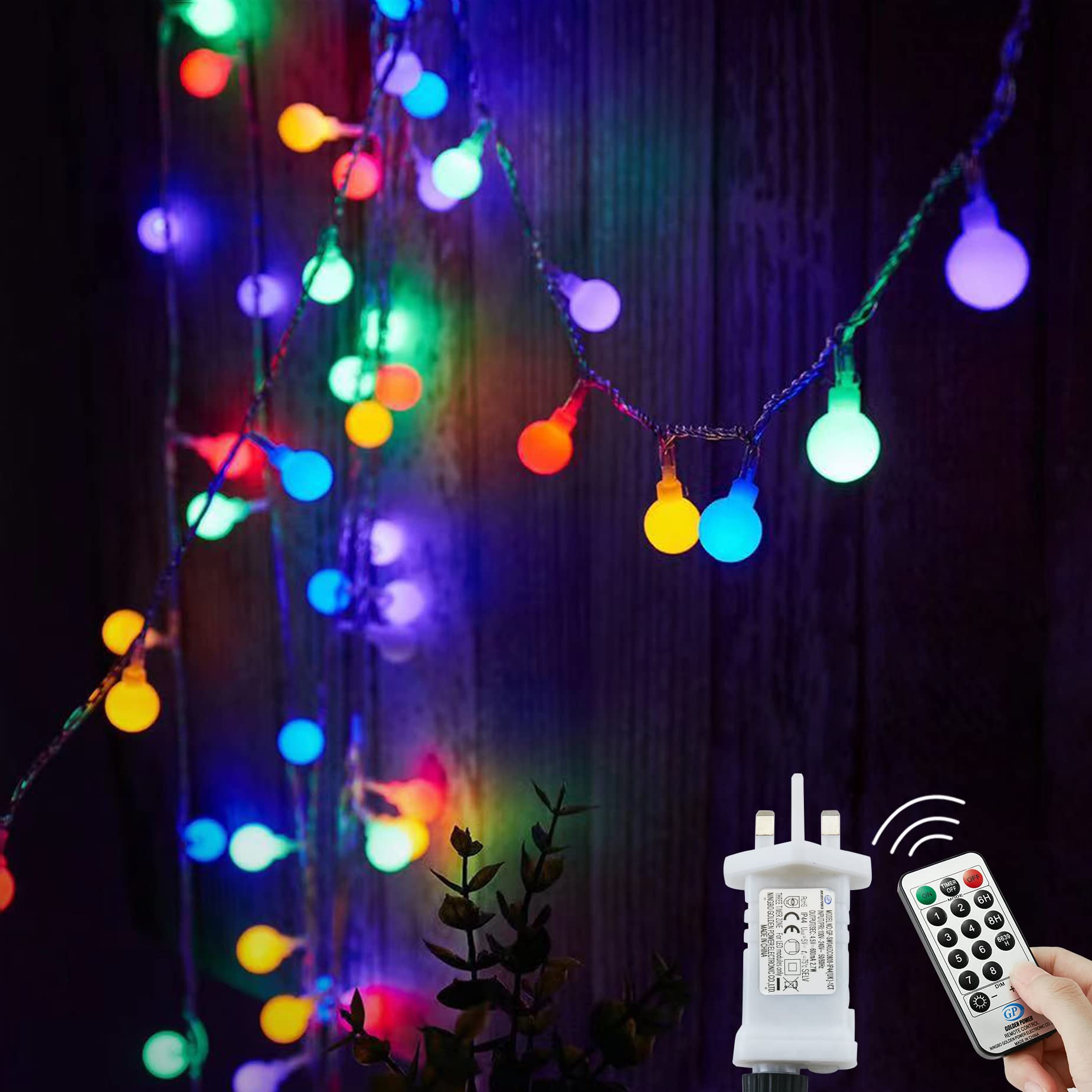 Fairy Lights Plug in 120 LEDs, 12M/39ft Globe String Lights Mains Powered, 8 Modes with Remote Timer Control Christmas Lights Outdoor/Indoor for Bedroom, Party, Wedding Decorations (Multi-Coloured)