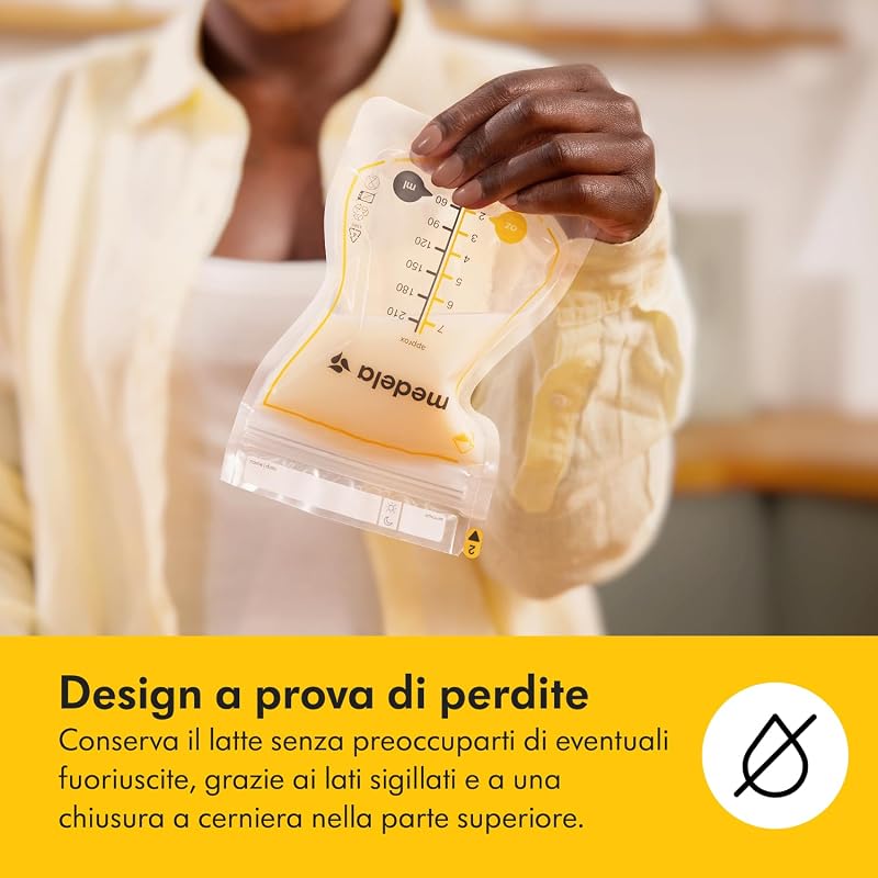 Sacche Monouso Easy Pour per la Conservazione del Latte Materno, Capacità 210 ml, Design a Prova di Perdite con Protezione del Latte, Senza BPA, Confezione da 100 Pezzi