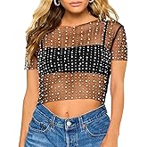 Naileksi Women Pearl Rhinestone Sheer Mesh Crop Tee Top Sexy See Through Short Sleeve Slim Fit Crop T-Shirt Club Summer