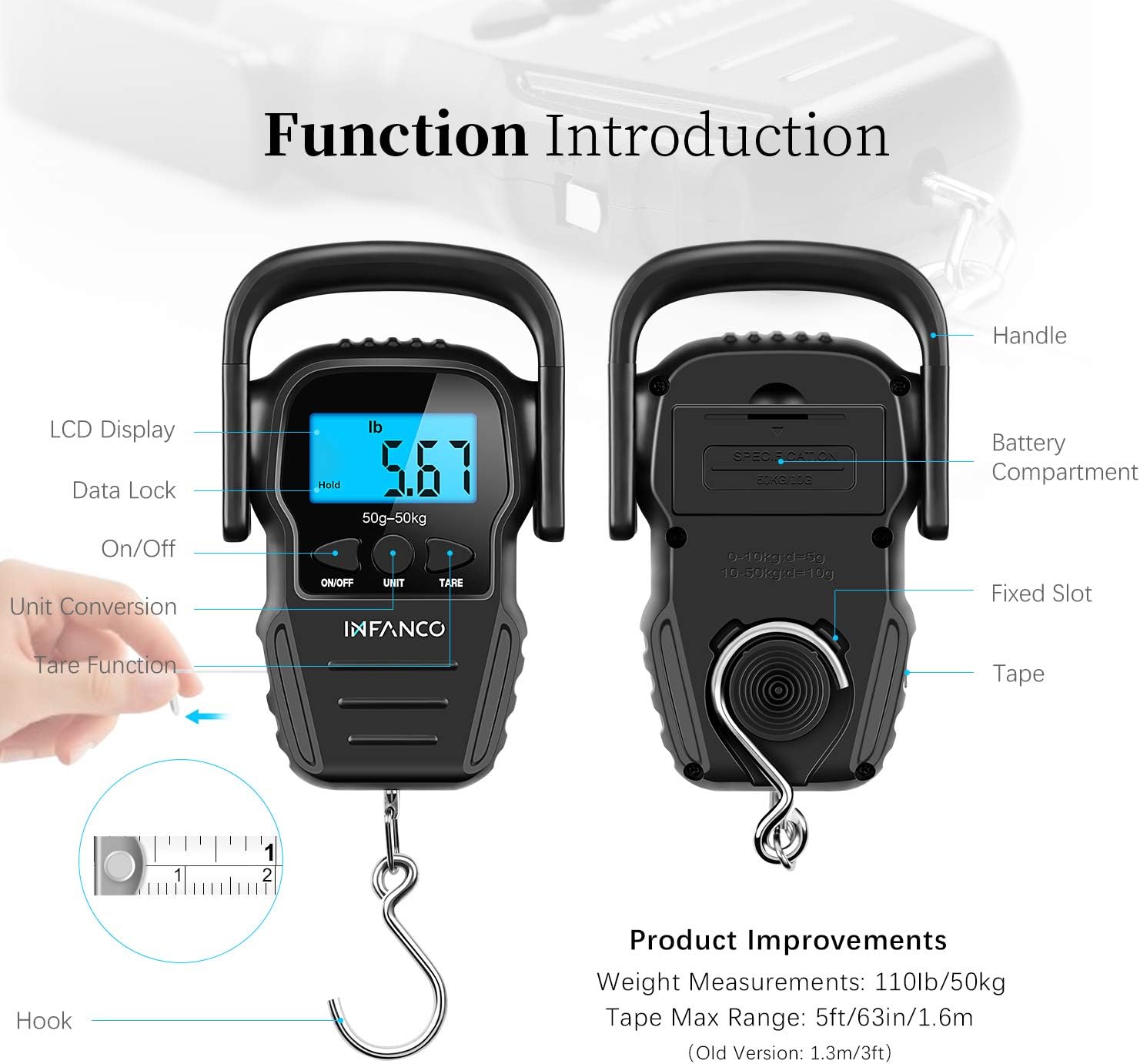 INFANCO Fish Scale, Digital Fishing Scale, HD LCD Backlit Display, Enhanced Bigger Hook, 110lb/50kg Hanging Weight Scale w/Measuring Tape for Fishing, Luggage, AAA Battery & Fishing Lure Included : Sports & Outdoors