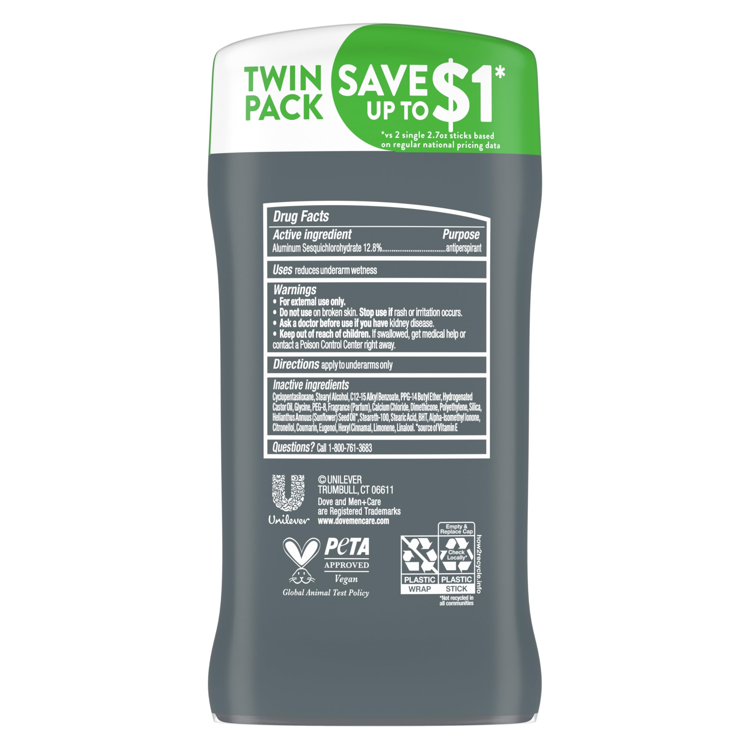 Dove Men+Care Extra Fresh Men's Antiperspirant Deodorant Stick Extra Fresh Twin pack With 72-hour sweat & odor protection with 1/4 Moisturizing Cream & Long-lasting Citrus Scent 2.7 oz