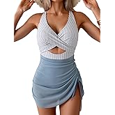 B2prity Women Mesh One Piece Swimdress Swimsuit Tummy Control V Neck Cutout Bathing Suit Wrap Drawstring Sarong Swimwear