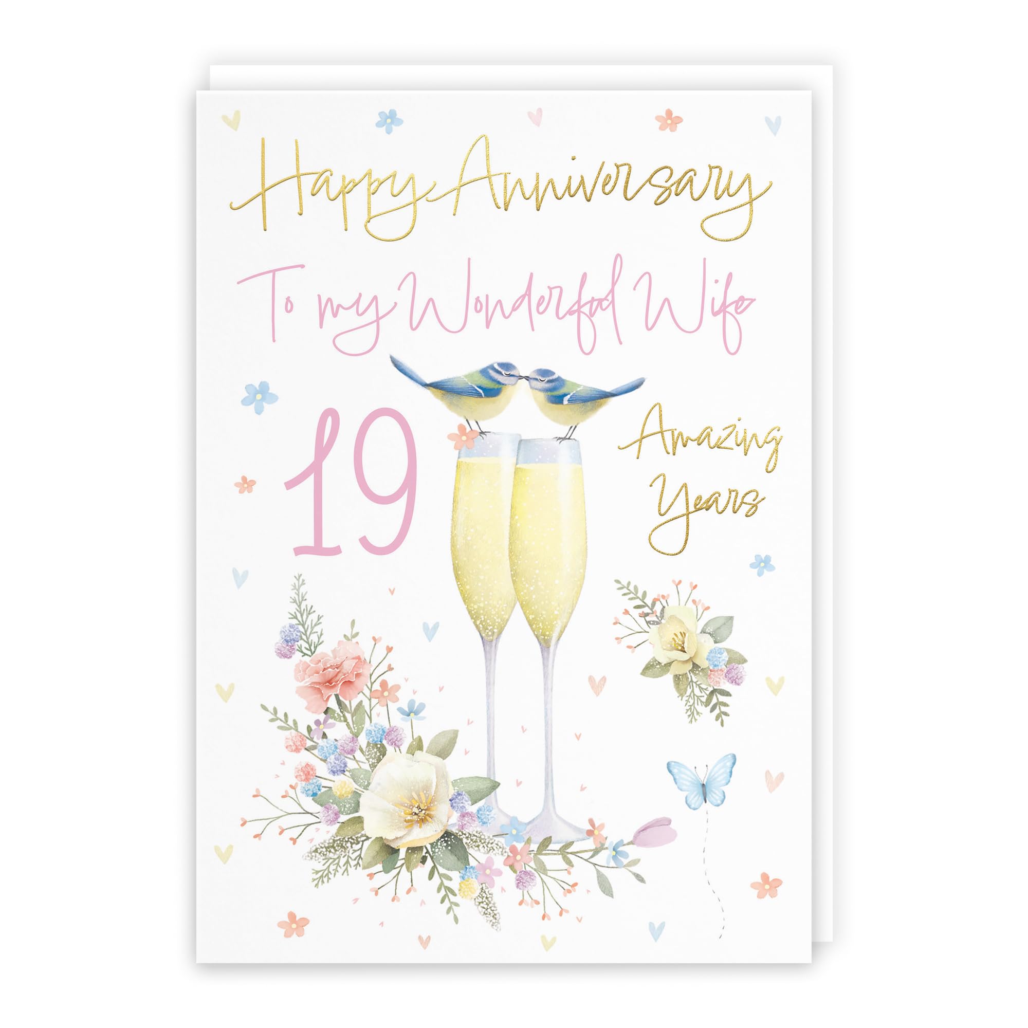 Hunts England - Wife 19th Anniversary Card - A5 Size - Champagne Flutes - Gold Foil - 19th Anniversary Card For Wife - Nineteen Years - 19th Anniversary - Milo's Gallery