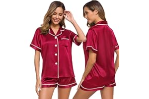 SWOMOG Womens Silk Satin Pajamas Set Short Sleeve Sleepwear Button Down Top and Shorts Loungewear 2 Piece Pjs Set XS-3XL