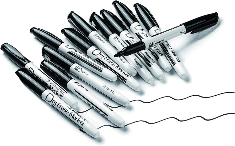 Volcanics Black Dry Erase Markers 12 Pack Fine Tip Whiteboard Pens