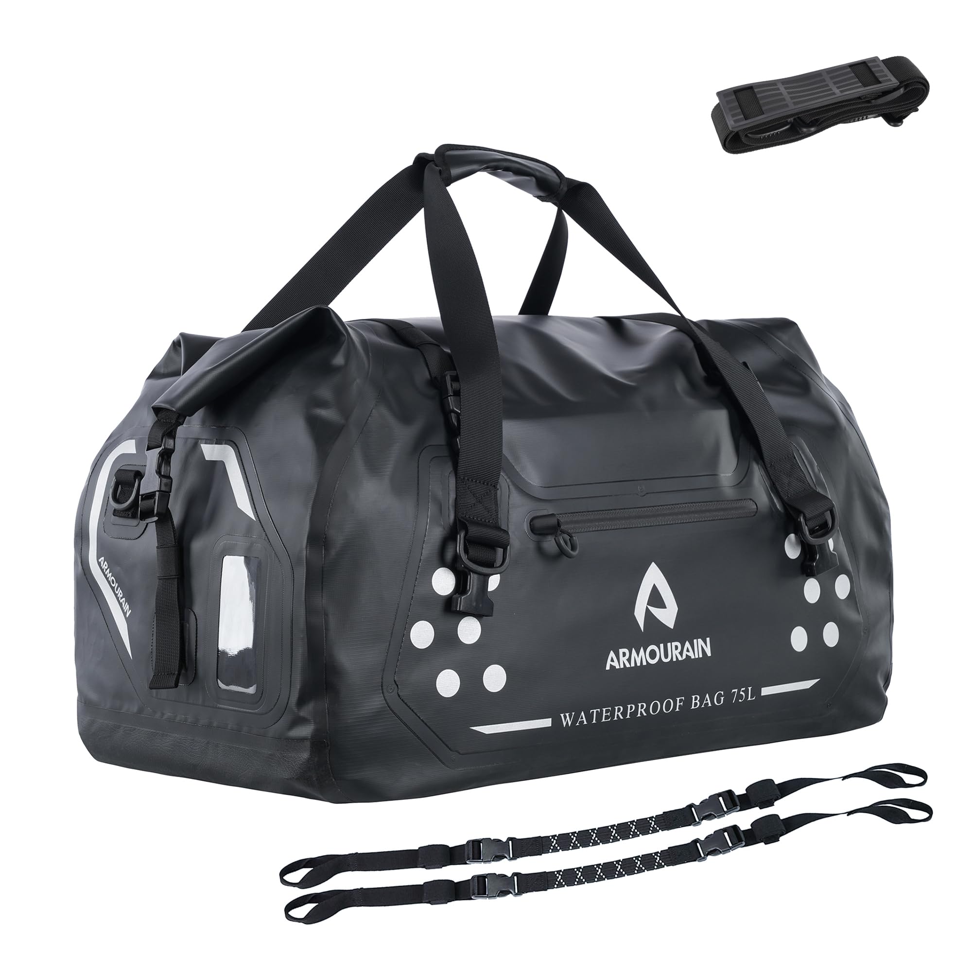 ARMOURAIN 75L Black Waterproof Duffel Bag for Travel, Boating, Motorbike, Kayaking