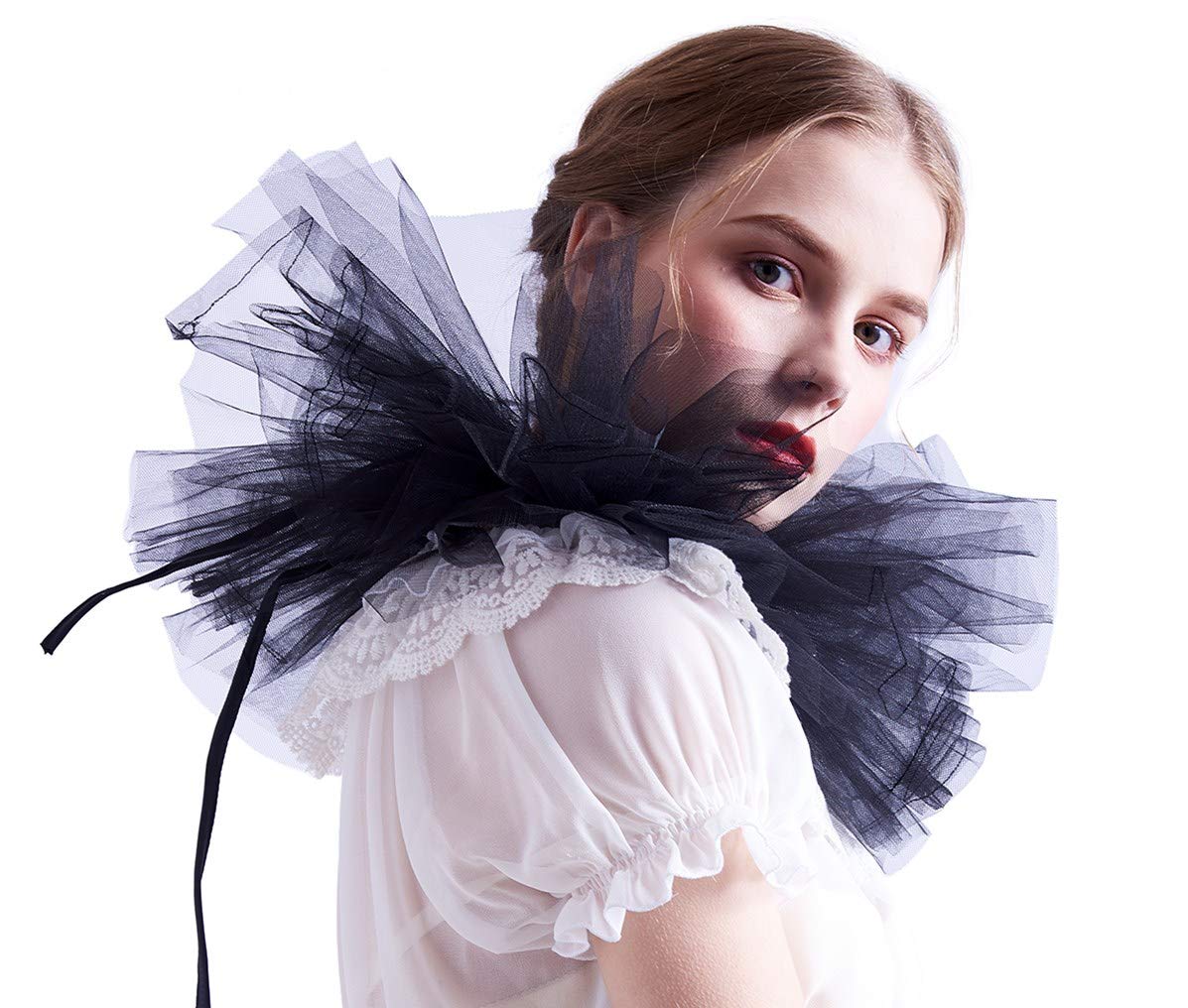 BLESSUME Retro Mesh Neck Ruff White Ruffle Collar (Black)(Size: One Size)
