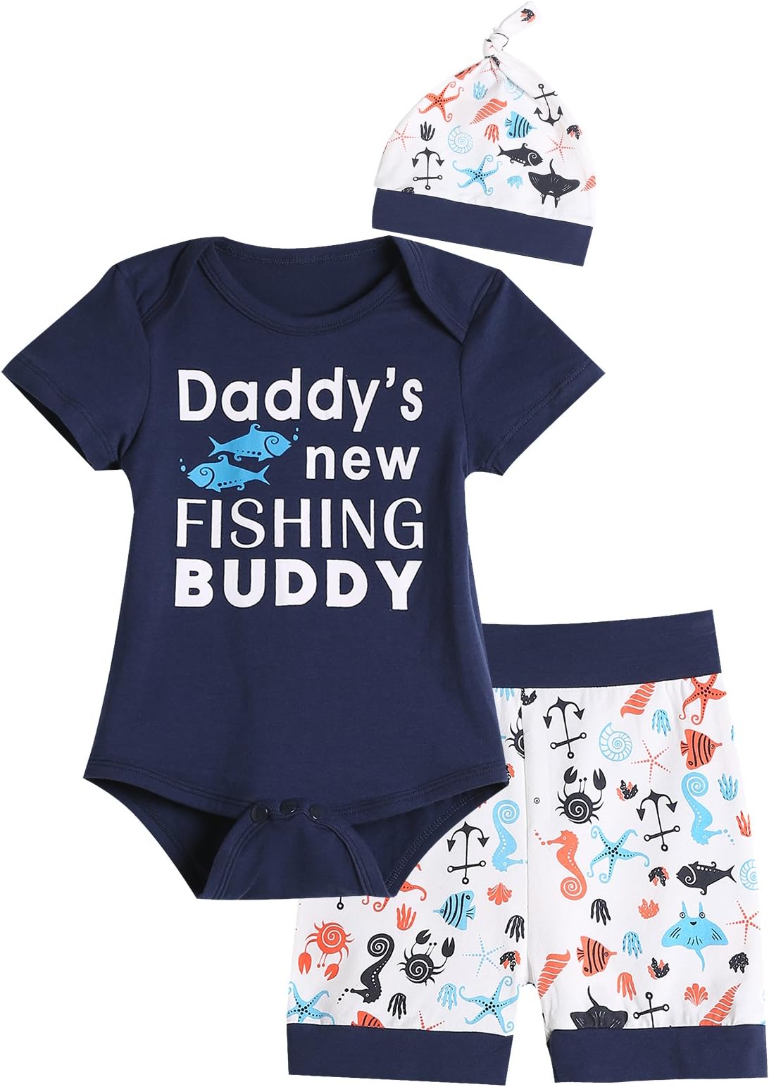 Auggle 3PCS Baby Boys' Daddy's New Fishing Buddy Outfit Set Short Sleeve Bodysuit