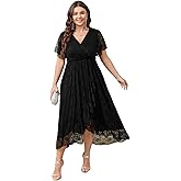 SCOMCHIC Womens Plus Size Wedding Guest Dress Formal Lace Wrap V Neck High Low Short Sleeve Cocktail Maxi Dresses XL-4XL