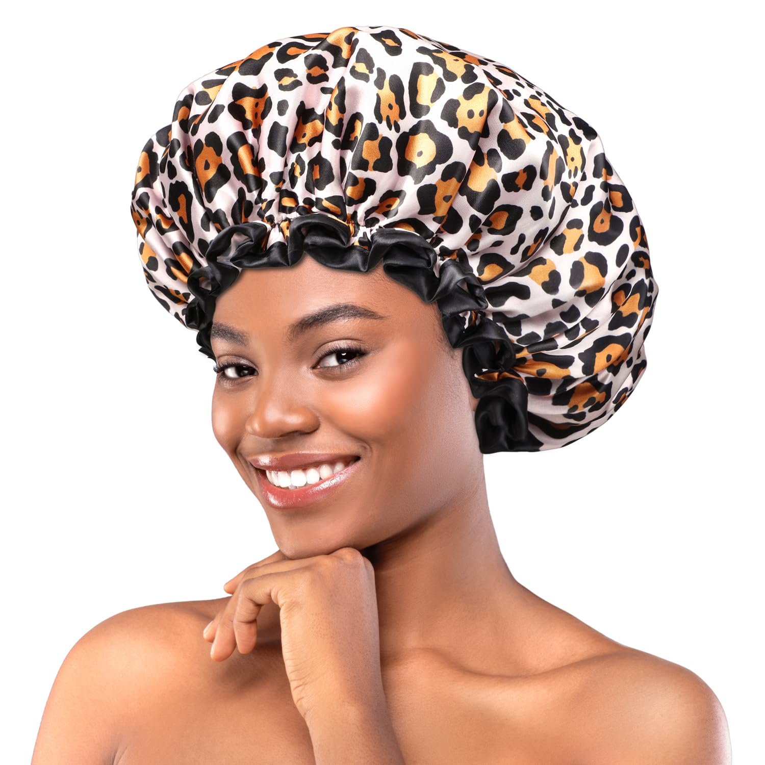 mikimini Shower Cap for Women Fashion-Forward, with Double Layer, Waterproof, Reusable, Bath Hat for Short to Medium Hair - Express Your Unique Style with Bold and Chic Leopard Print Shower Cap