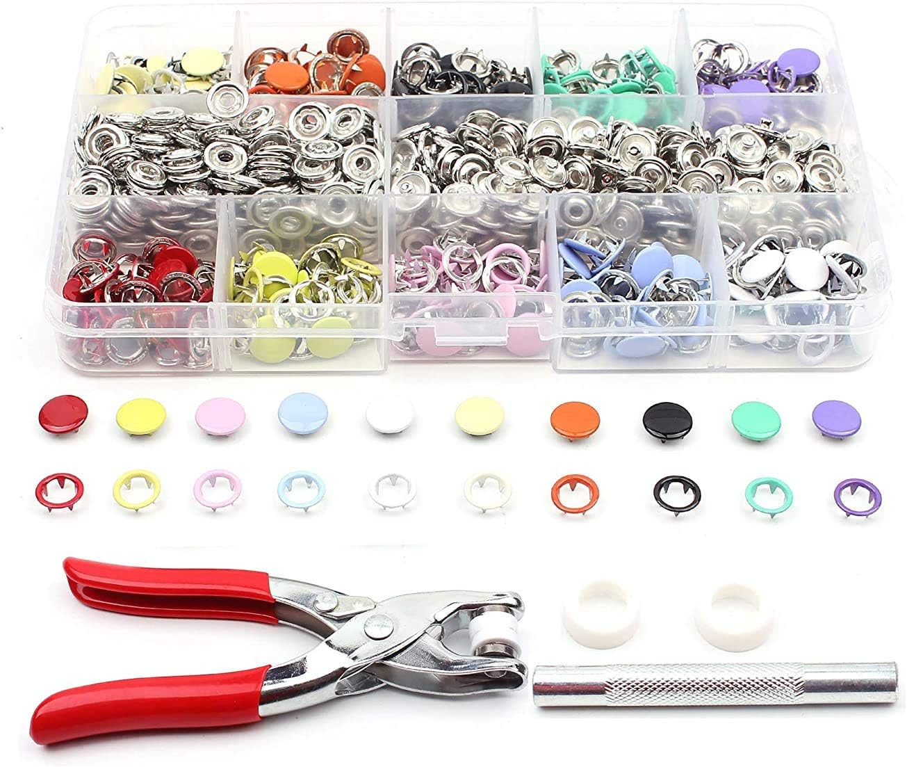 BTU 200pcs Snap and Snap Pliers Set with Buttons Fastener Setter Hand Tool and Installation Tools, 10 Color Leather Snaps for Sewing Crafting Clothes, Jackets, Jeans Wears, Bracelets, Bags