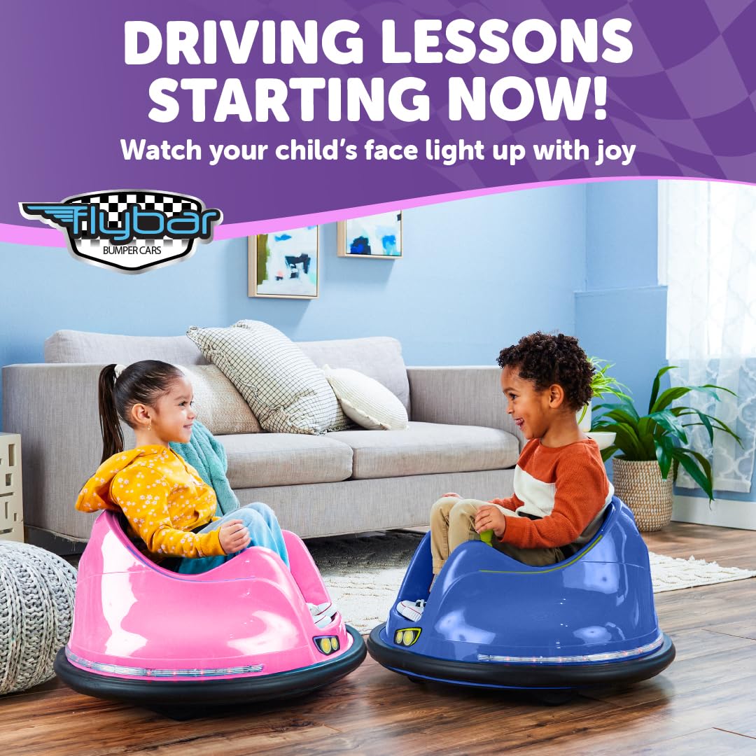 Flybar FunPark 6V Bumper Car for Toddlers, Electric Toddler Ride On Toys for Kids, Baby, Ages 1.5-4 Years, LED Lights, 360 Degree Spin, Supports up to 66 pounds (No Remote), Large, 6v Pink/Purple