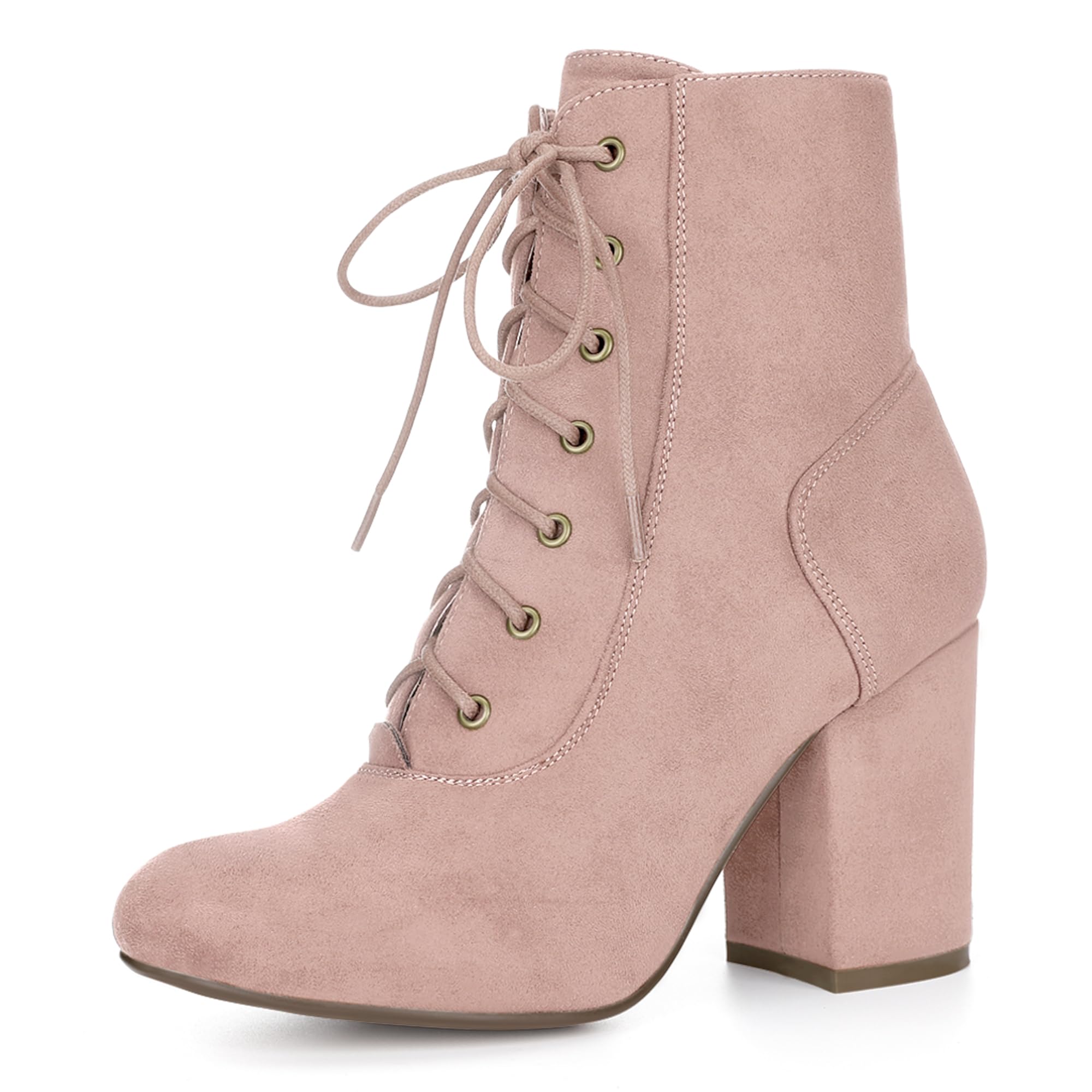 Photo 1 of Allegra K Women Round Toe Chunky High Heel Lace Up Dust Pink Booties 10 M US