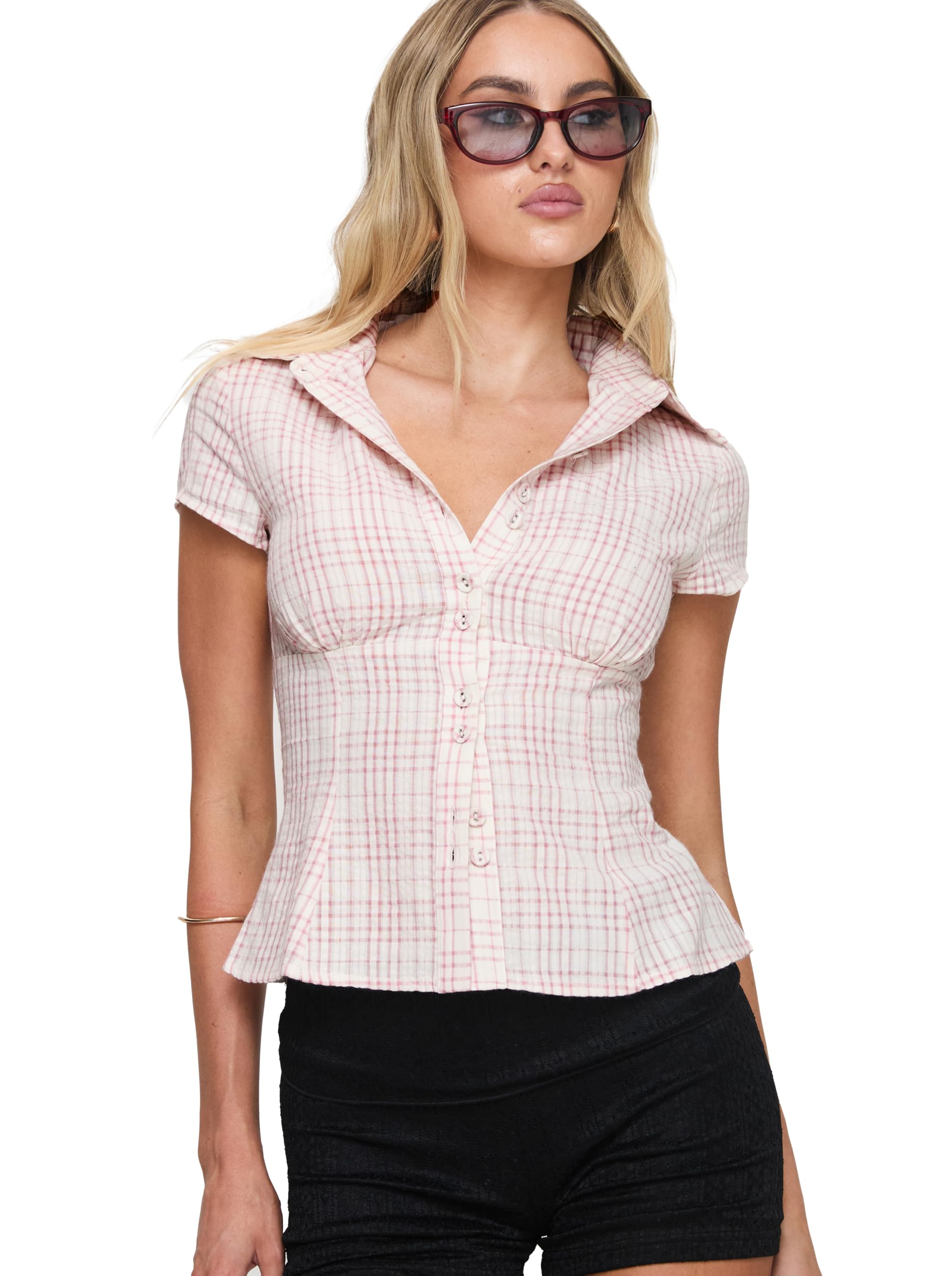 Photo 1 of Princess Polly Cottesloe Pink Gingham Ruched Bust Button Down Crop Blouse