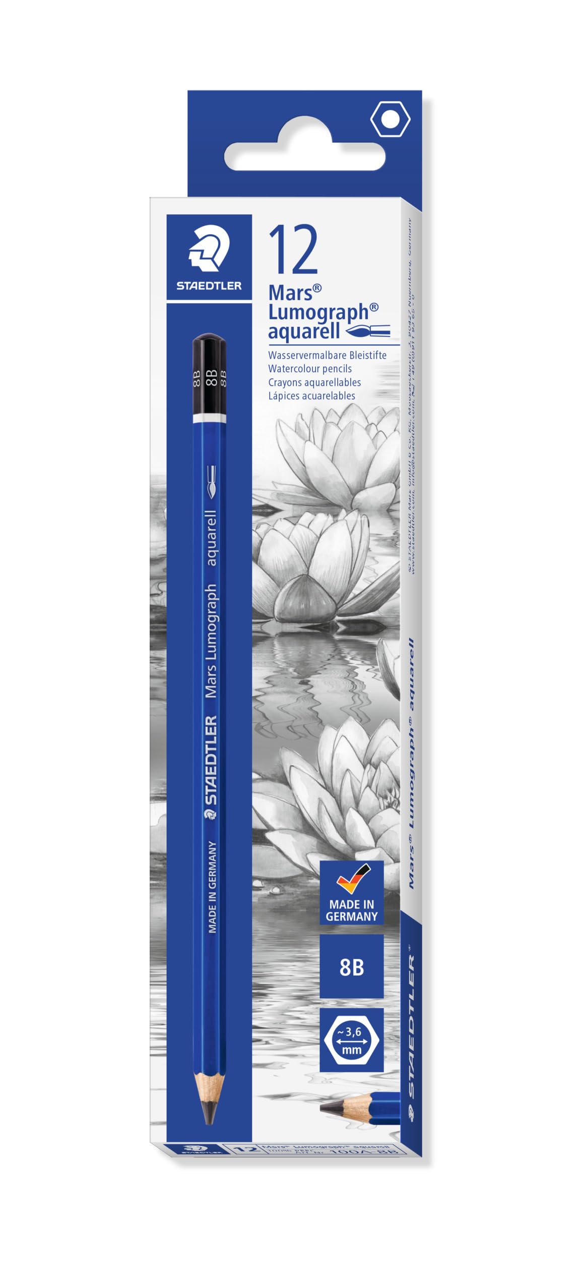 STAEDTLER Watersoluble Artist Pencils Mars Lumograph Watercolour Hexagonal Shape Incredibly Shatterproof Premium Pencils High Quality 8B Hardness Folding Box of 12 Pencils 100A-8B