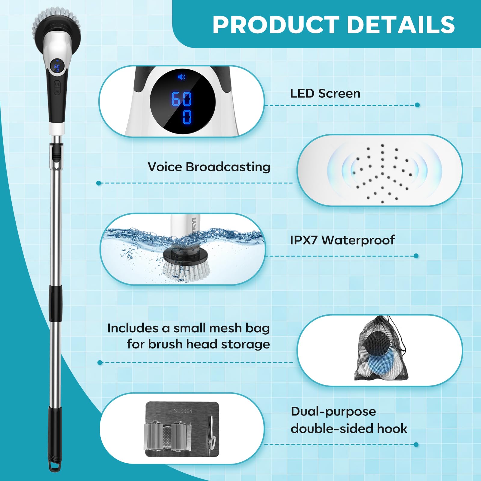 YKYI Electric Spin Scrubber,Cordless Cleaning Brush,Shower Cleaning Brush with 8 Replaceable Brush Heads, Power Scrubber 3 Adjustable Speeds,Adjustable & Detachable Long Handle,Voice Broadcast