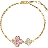 TONTMY STUDIOS Birthstone Bracelets for Women, 14K Gold Plated Dainty Gold 2 Clover Bracelet Flower Charm Link 12 Month Birthstone Jewelry for Women Trendy Birthday Gifts