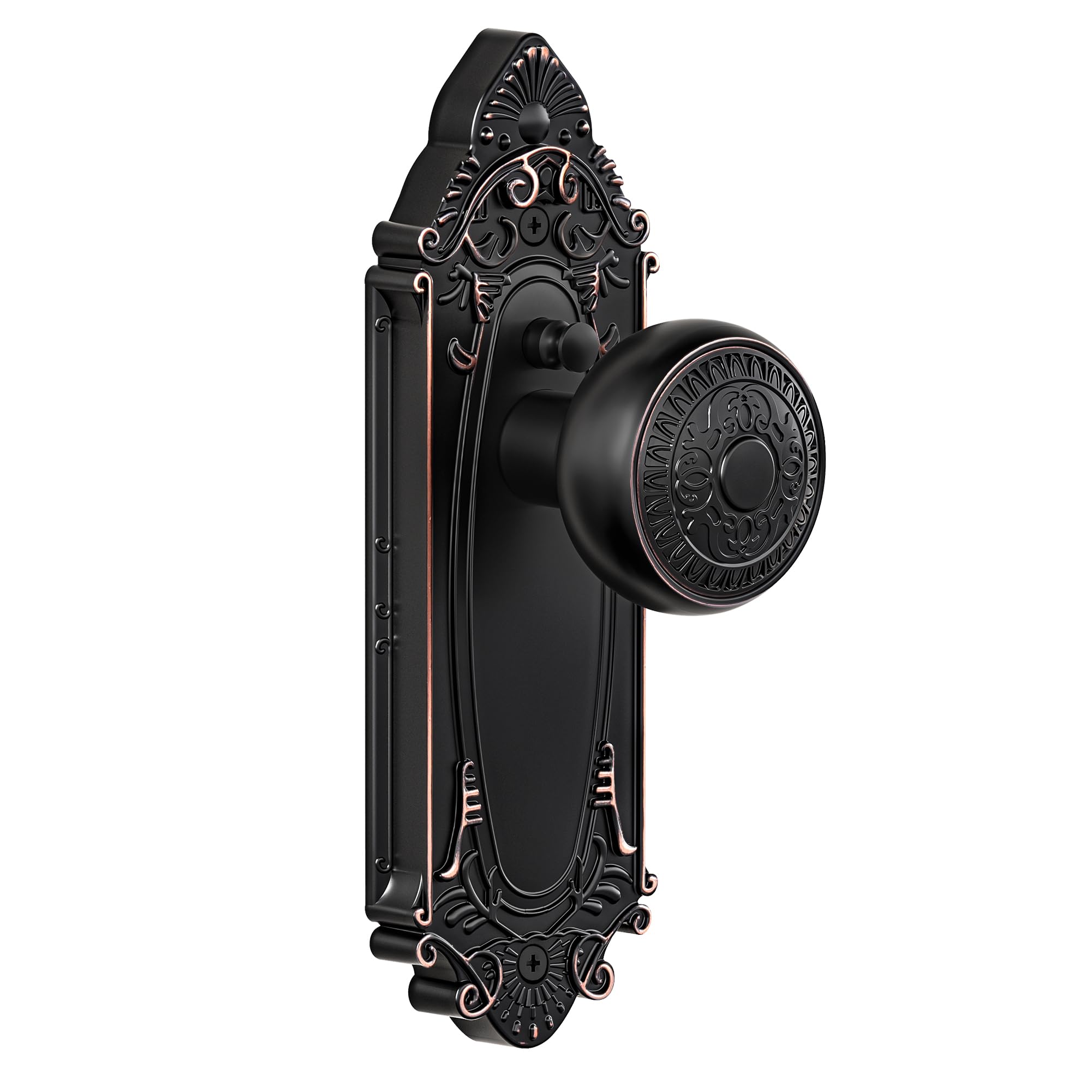 Photo 1 of CEYMIO Oil Rubbed Bronze Door Knob Privacy Bedroom Bathroom with Lock, Vintage Interior Door Handle with Plate for Hallway, Closet, Farmhouse Style(1 Pack)