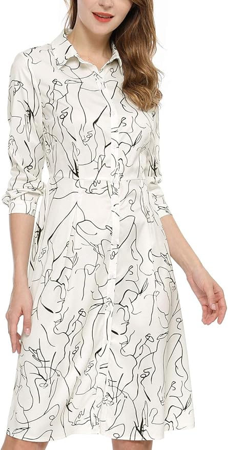 Allegra K シャツワンピース 柄 Aライン オフィス ビジネス カジュアル レディース ワンピース チュニック 通販 Amazon