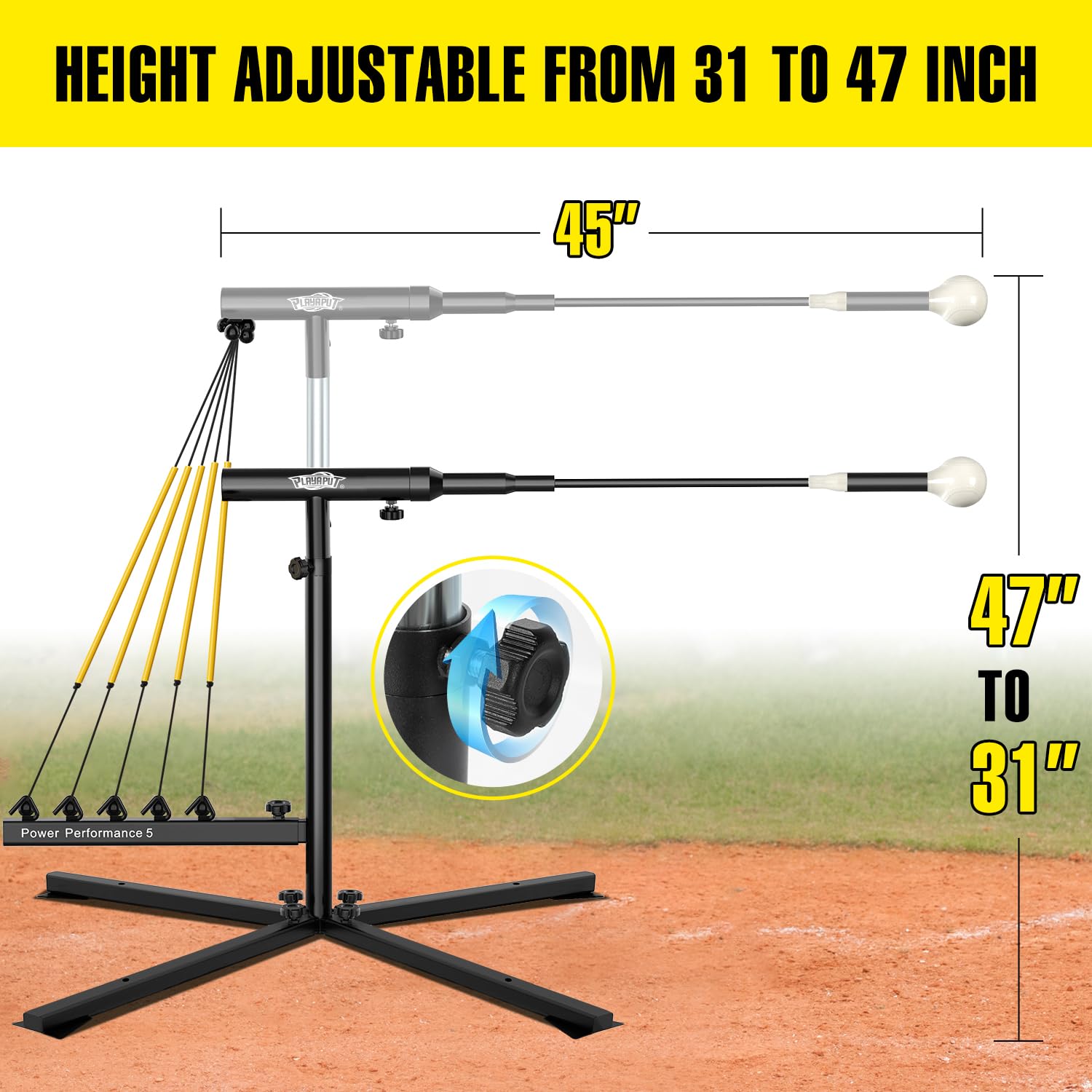 PLAYAPUT Baseball Softball Swing Trainer with 5 Power Bands,Auto Reset Baseball Training Equipment,Baseball Hitting Trainer,Height Adjustable 31-47 inches Softball Swing Trainer Improve Power,Speed
