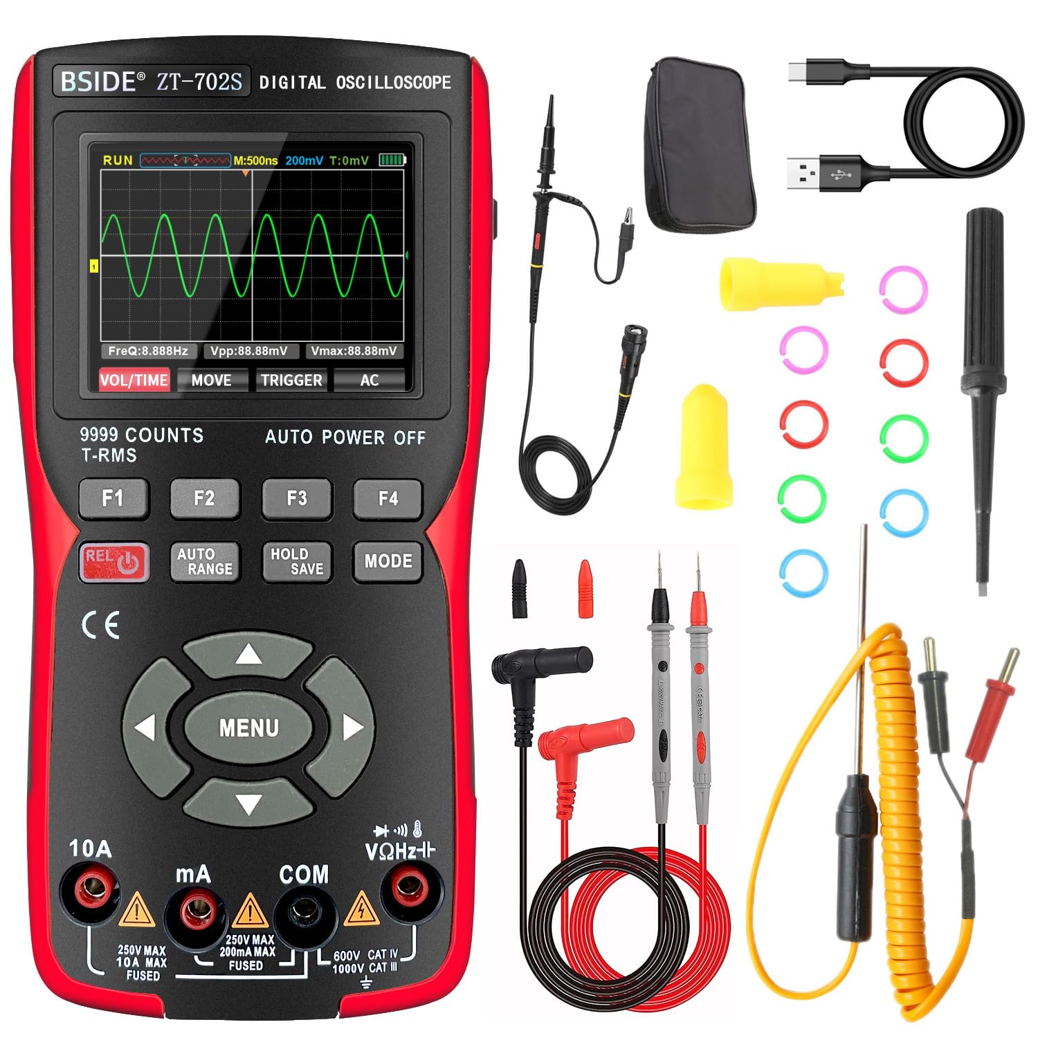 BSIDE Handheld Digital Oscilloscope Rechargeable Oscilloscope DIY Kit with 10Mhz Bandwidth 9999 Counts Waveform Generator Colour Display Multi Function Tester Electrical for Automotive Electronics