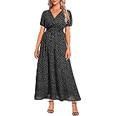 Holipick Women Summer Casual Dress Boho Floral V Neck Short Sleeves Smocked Waist Chiffon Swing Knee Length Dresses