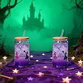 Breffima 2 Pcs 16 Oz Color Changing Vinyl Design Witch Party Glass Cup Gift Pink Green Halloween Princess and Witch Water Glass Can with Bamboo Lid and Straw For Ice Coffee Tea Beer Water Tumblers
