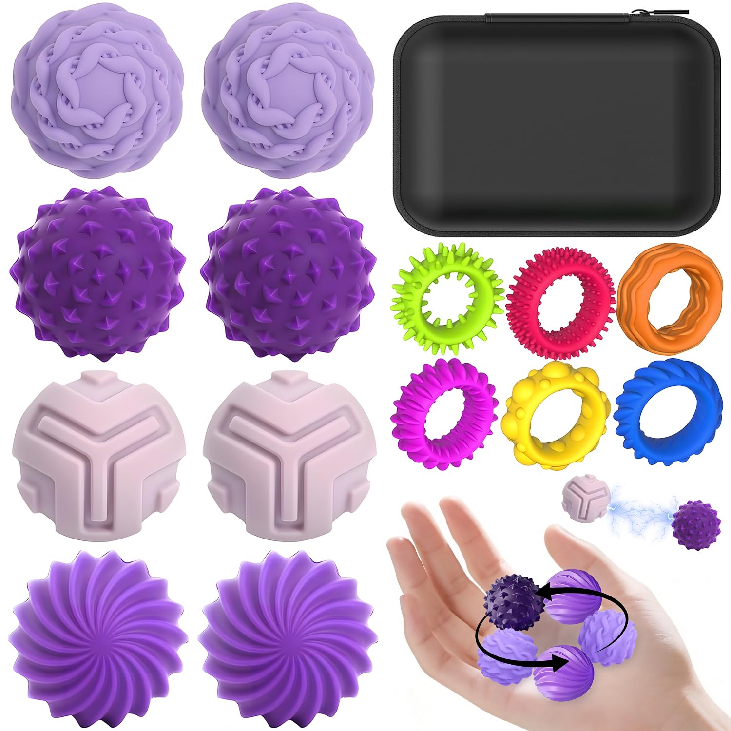 8Pcs Magnetic Balls Fidget Toy with 6Pcs Sensory Rings, Silicone Textured Soft Tactile Weighted Magnet Ball Stress Anxiety Relief, Quiet Office Gadgets for Adult Teens Women Men Autism ADHD (Purple)