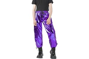 Nawgut Sequin Cargo Pants Metallic High Waisted Multi-Pocket Shiny Joggers Hip Hop Dance Pants for Girls