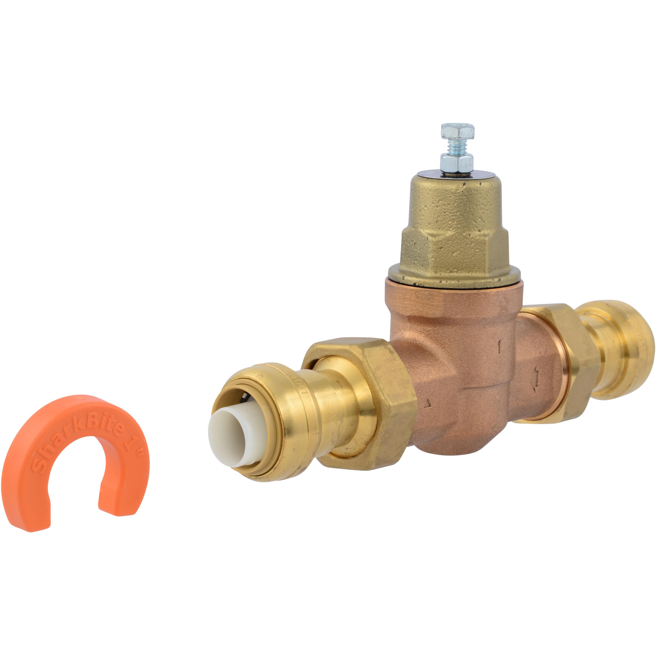 Photo 1 of Cash Acme EB45 Pressure Regulating Valve with Disconnect Clip, Double Union, 1 Inch Push to Connect, Metal Top, 60 PSI, Compatible with SharkBite, PVA20M-DUSB-60