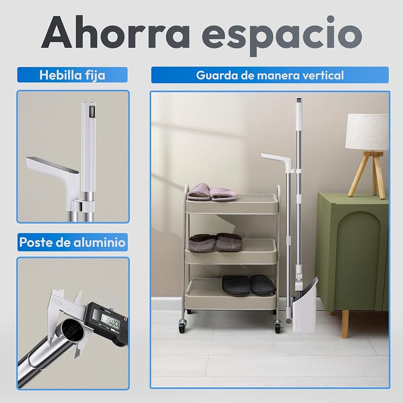 Escoba y Recogedor Plegable 3 en 1 con Cepillo Extraíble y Limpiacristales Oculto - Mango Telescópico de 126 cm y Rotación de 180º - Limpieza del Hogar Oficina