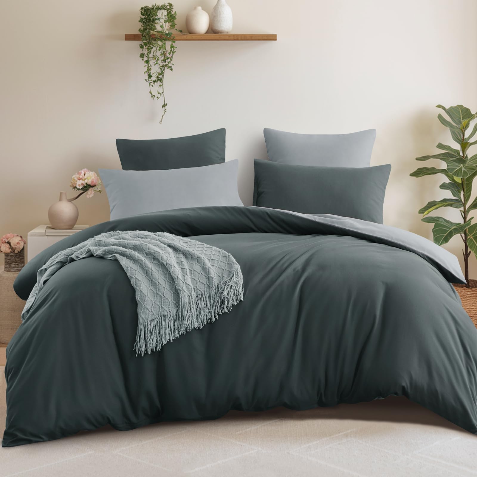 Aisbo King Size Duvet Cover Set - 3Pcs Reversible Bedding Bed Set Dark Grey and Light Grey Kingsize Soft Brushed Microfiber Quilt Cover with 2 Pillowcases 50x75cm