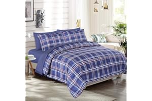 EMME Queen Plaid Comforter Set with Sheets Bed in A Bag 7-Piece, Brushed Microfiber Goose Down Alternative Bedding Set, Soft 