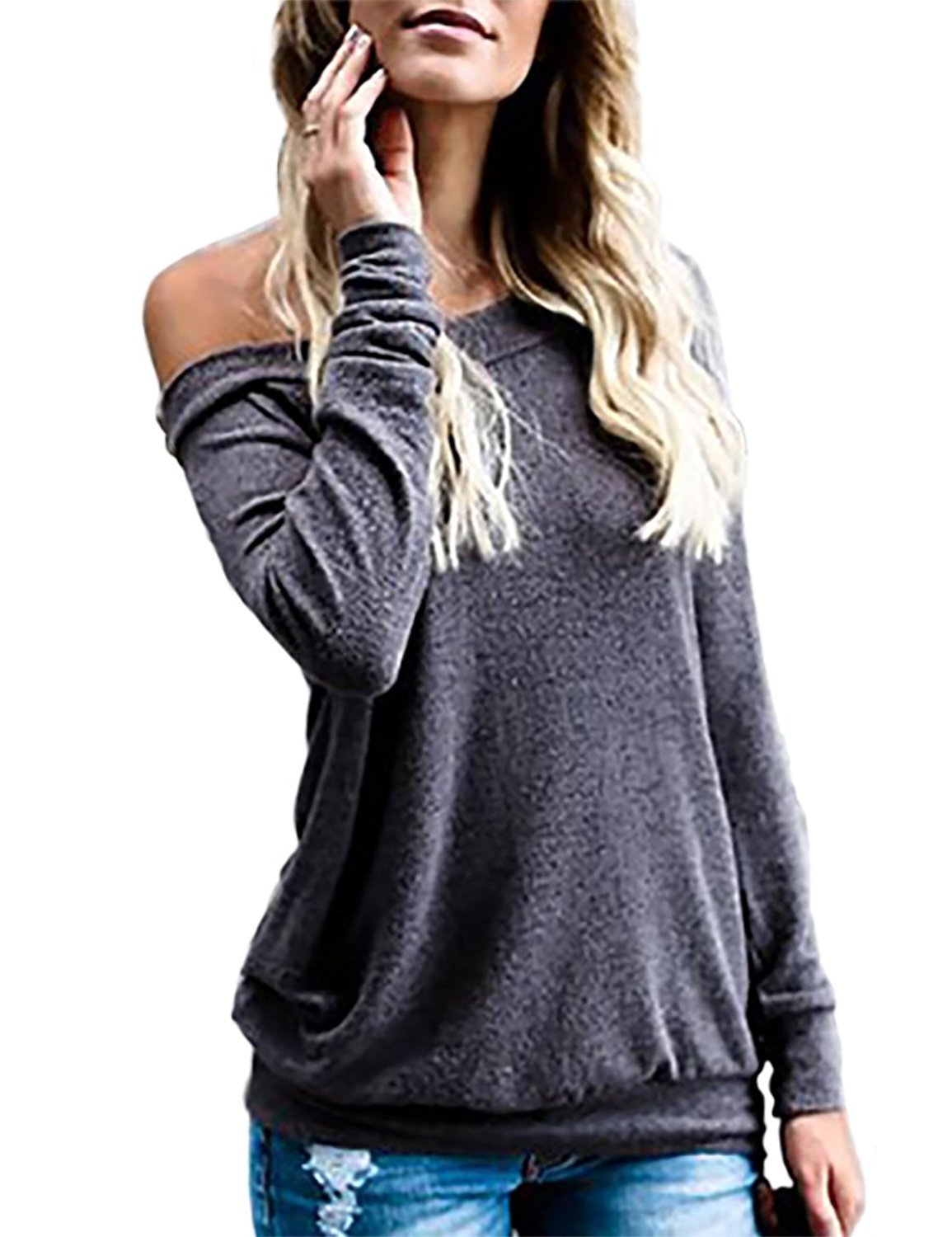Ivrose Women's Casual Off Shoulder Tops Long Sleeve T Shirt