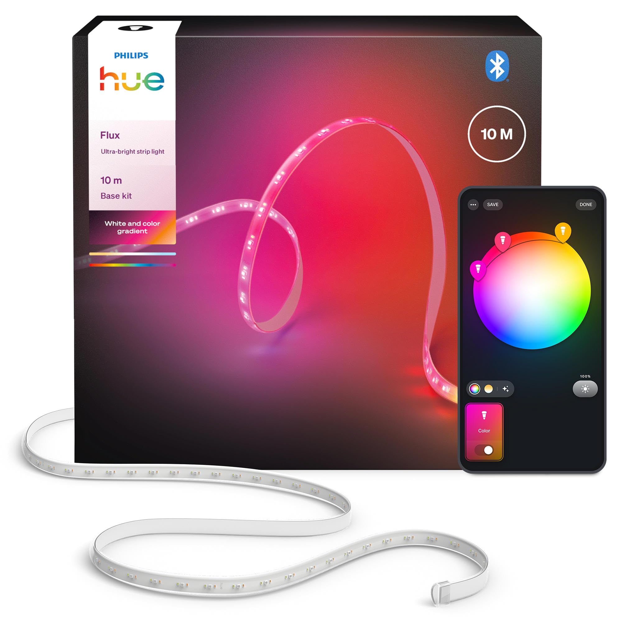 Philips Hue Flux 10m UltraBright LED-Lightstrip, 2900 lm Lichtband, flexible Innenbeleuchtung, Chromasync™-Farbmischung, LED Streifen zuschneid- & erweiterbar, wiederverwendbar, App- & Sprachsteuerung