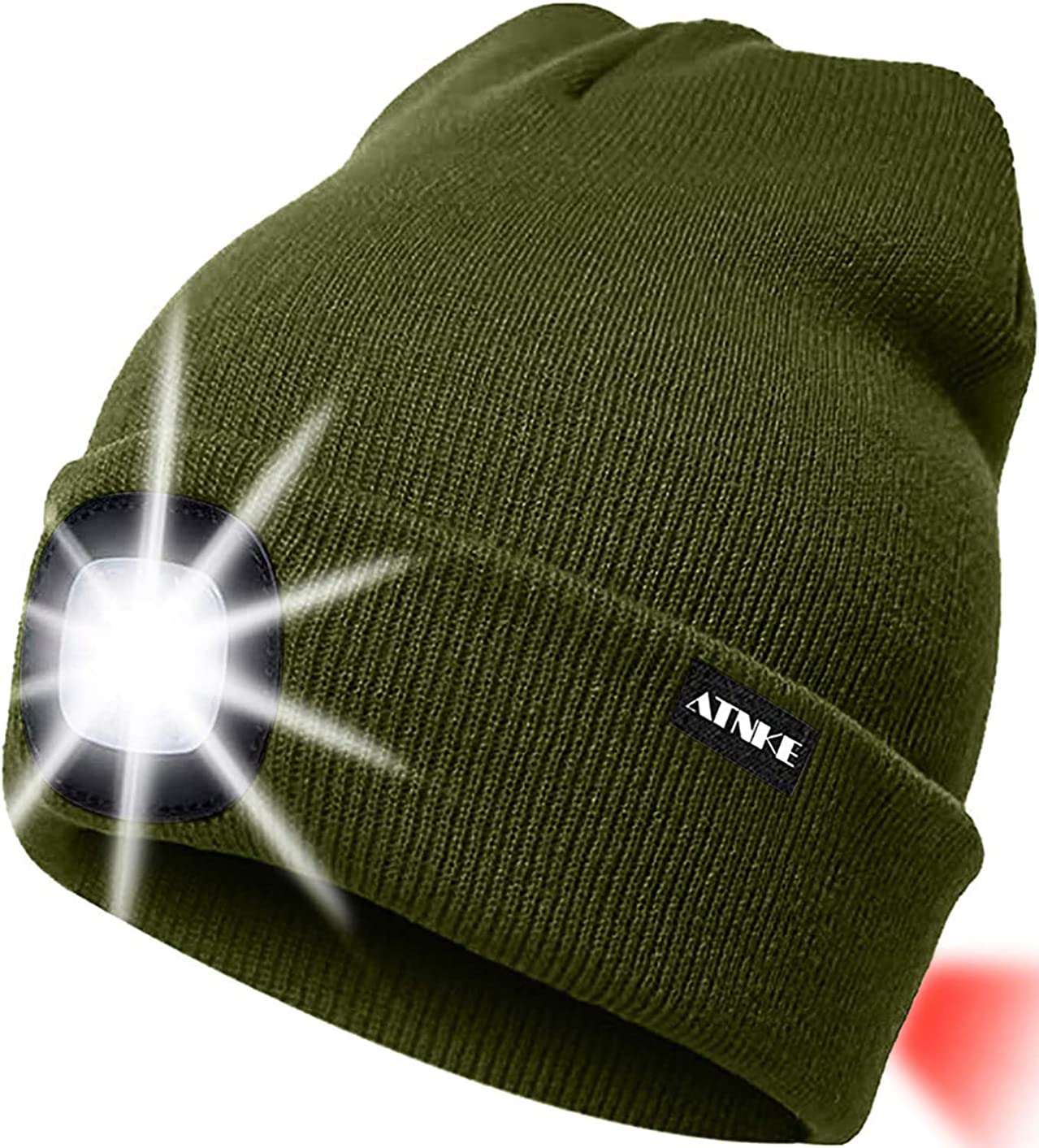 ATNKE 8LED Lighted Knit Hat,USB Rechargeable Running Headlamp Cap Ultra Bright Waterproof Light Lamp and Flashing Alarm Red Tail Light Multi-Color/Army Green