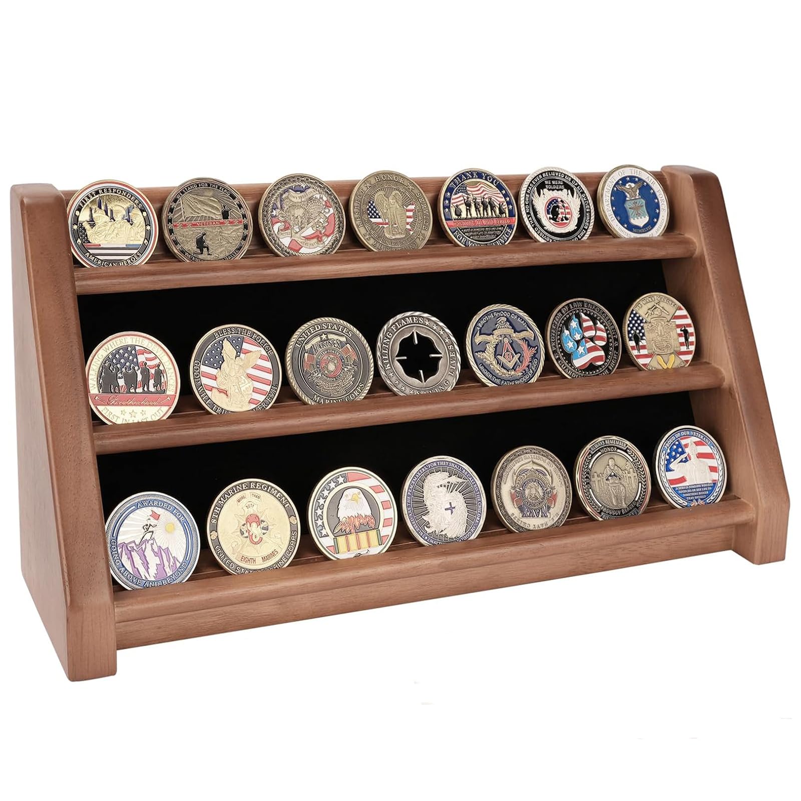 Photo 1 of ASmileIndeep 3 Rows Solid Wood Military Challenge Coin Holder Display - Holds 21-24 Coins, Army Coin Rack Display Case Stand for Wall Mount or Tabletop, Walnut