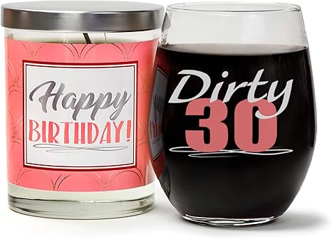 Amazon Com Dirty 30 Birthday Candle Gift Set Cute Stemless 15 Oz Wine Glass Happy Birthday Soy Candle Vanilla Sandalwood Amber Happy 30th Birthday Gifts For Women Birthday