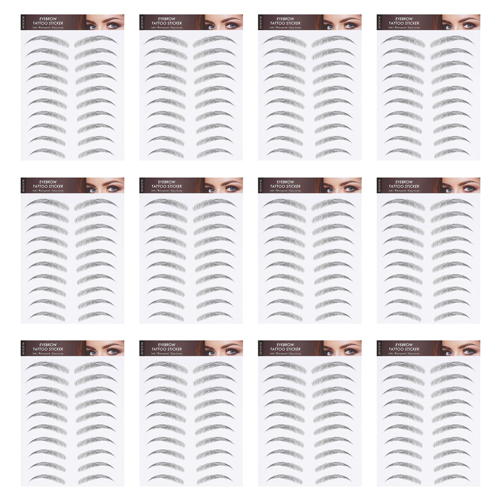 FRCOLOR Waterproof Eyebrow Stickers 12 Sheets Temporary Eyebrow Tattoo Transfers for Natural Full Brows Easy Application Stencils for Women Beginners
