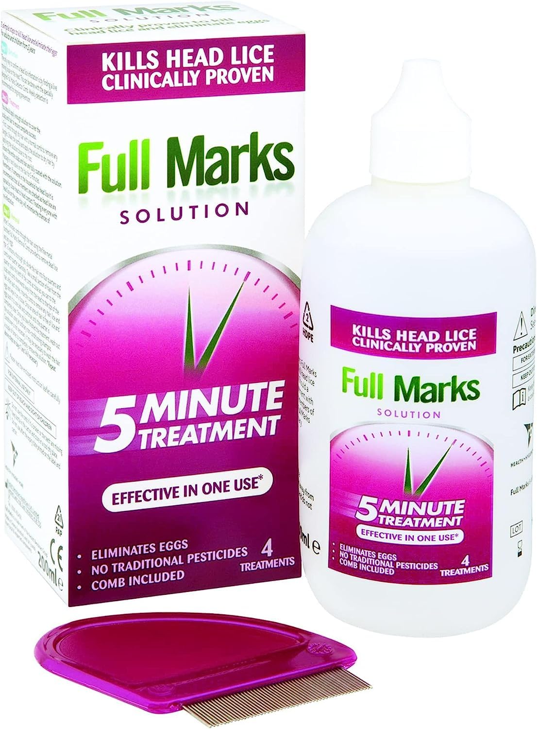 Full Marks 200ml Head Lice Solution - Simple 5-Minute Formula, Eliminates Lice & Eggs, Includes Comb, Effective Scalp Care In One Use, Fast-Acting Treatment