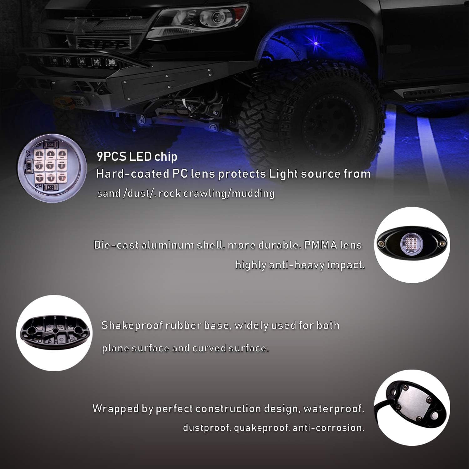PSEQT 4Pods LED Rock Light Kit Underglow Lights for Car Offroad Jeep Truck Boat Underbody Blue Neon Lighting Glow Trail Rig Lamp Waterproof - 9 Chips Each: Automotive