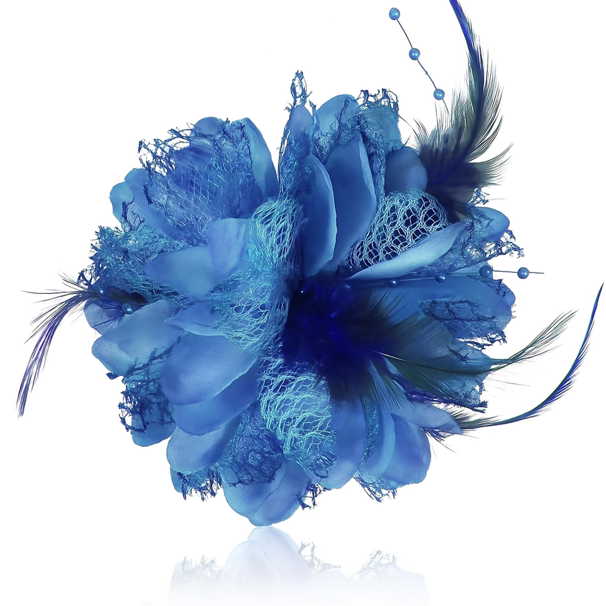 View 1 of 4.72 Inches Elegant Hair Clip Large Flower Brooches for Women | Flower Mesh Feathers Headwear Ponytail Holder & Hair Clips for Wedding | Charming Floral Lapel & Brooch Pins for Women Fashion (Blue)