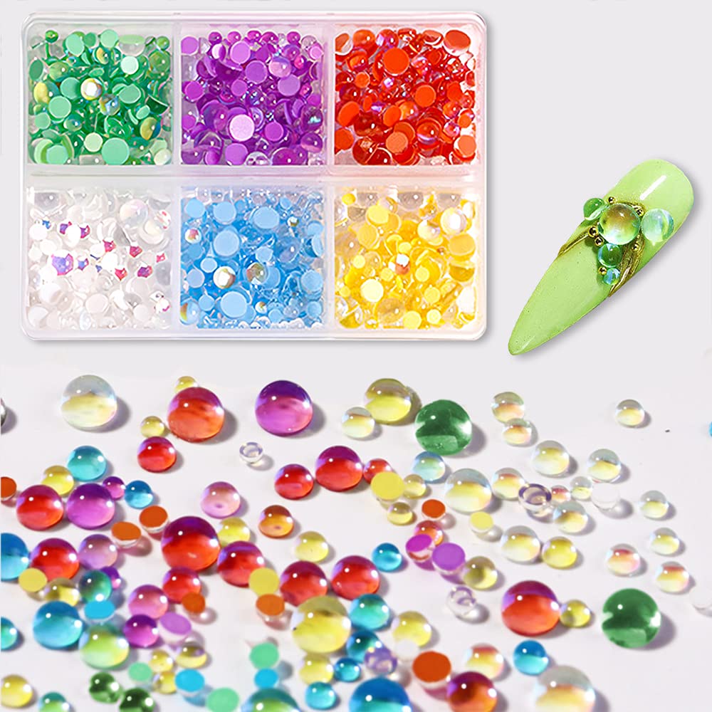 Crystal Mermaid Nail Rhinestones CHANGAR Caviar Round Bead Flatback Nail Rhinestones Iridescent Aurora Round Beads Nail Crystal Diamonds with Storage Organizer Box