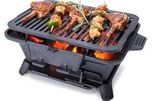 IRONMAX Hibachi Grill Outdoor, Portable Small Charcoal Grills, 100% Cast Iron, Mini Japanese Yakitori Tabletop Skillet Grill Stove for Outdoor Camping - Coal Door, Draft Door, Ideal for 2 People