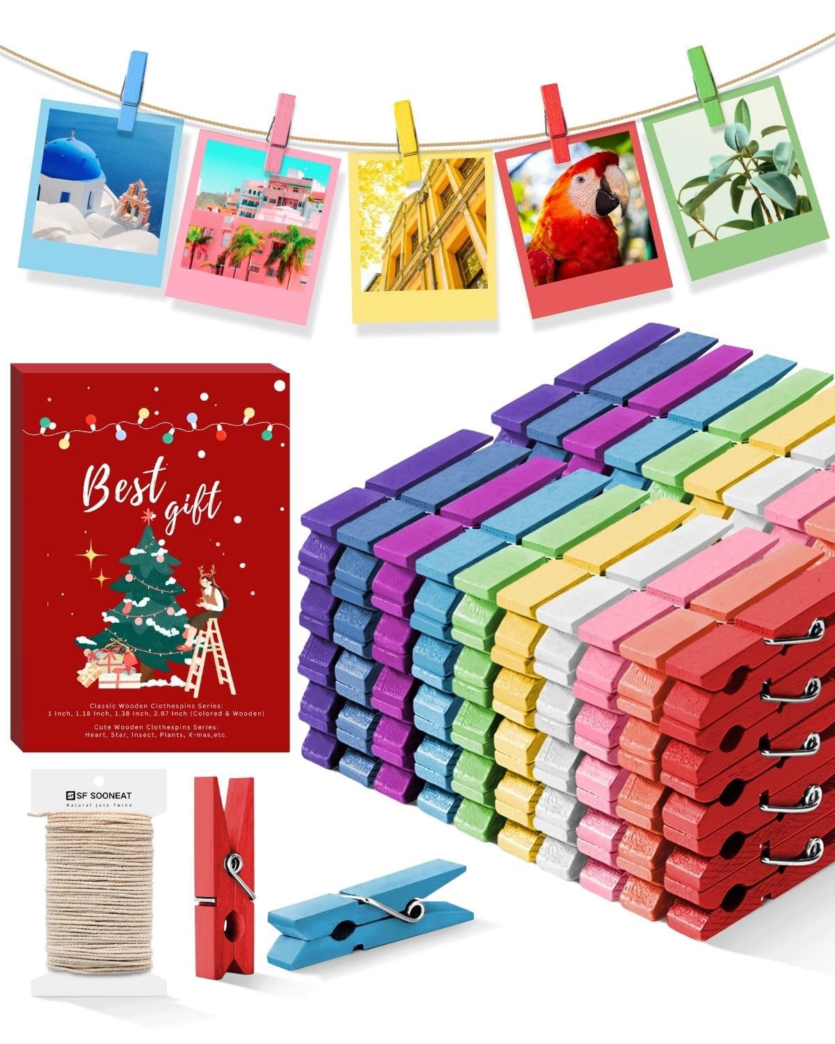 Photo 1 of Mini Clothes Pins for Photo, Small Colored Clothespins 100 Pack Wooden Rainbow Colorful Picture Clips with 32 FT String for Crafts, Little Baby Shower, Display Artwork, Hanging Decorative Tiny Cards