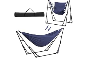 Ainfox Hammock with Foldable Stand, 2 in 1 Hammock and Swinging Chair with Carrying Bag, Portable Camping Chair Suitable for Outside, Swing,Patio,Garden,Camping Trip Blue