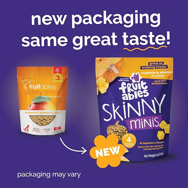 FRUITABLES SKINNY MINIS DOG TREATS, HEALTHY PUMPKIN TREAT FOR DOGS, LOW CALORIE & DELICIOUS, PUPPY TRAINING, NO WHEAT, CORN OR SOY, MADE IN THE USA, PUMPKIN AND MANGO FLAVOR, 5OZ